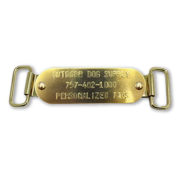 Custom 1″ x 3″ Raised Lettering Brass Dog Collar Name Tags with Tag Slides on Sale