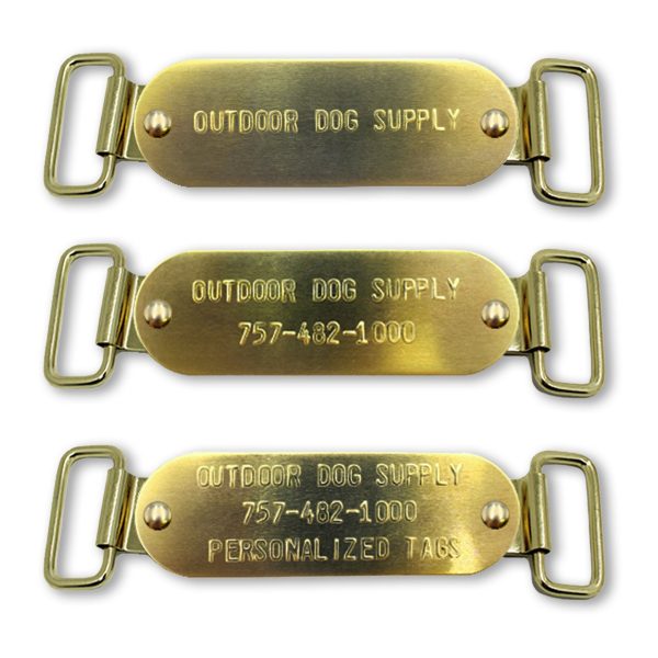 Custom 1″ x 3″ Raised Lettering Brass Dog Collar Name Tags with Tag Slides on Sale